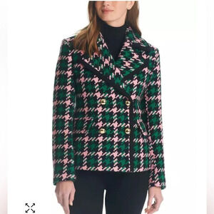 KATE SPADE NEW YORK Double-Breasted Houndstooth Wool Blend Peacoat Size XS
